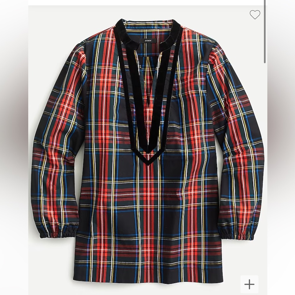 BNWT J. Crew Velet-trimmed V-neck Tunic in black Stewart Tartan in XS